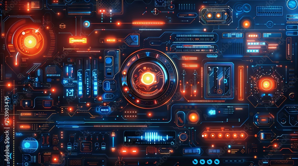 Abstract technological background made of different elements of printed circuit board .3d Render/Printed circuit board in the server executes data Abstract technological background made of different elements of printed circuit board .3d Render/Printed circuit board in the server executes data