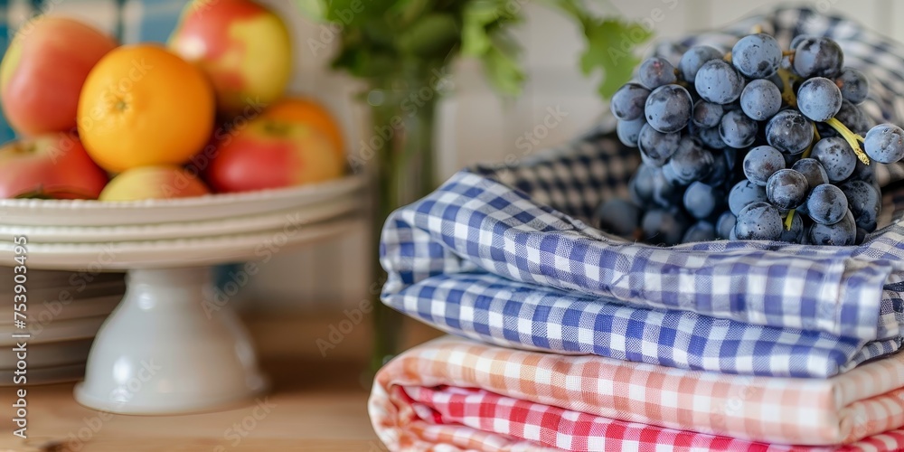 A stack of checkered cloths and a plate of fruit A stack of checkered cloths and a plate of fruit