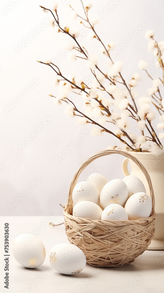 Easter decorative basket of eggs with copy space.