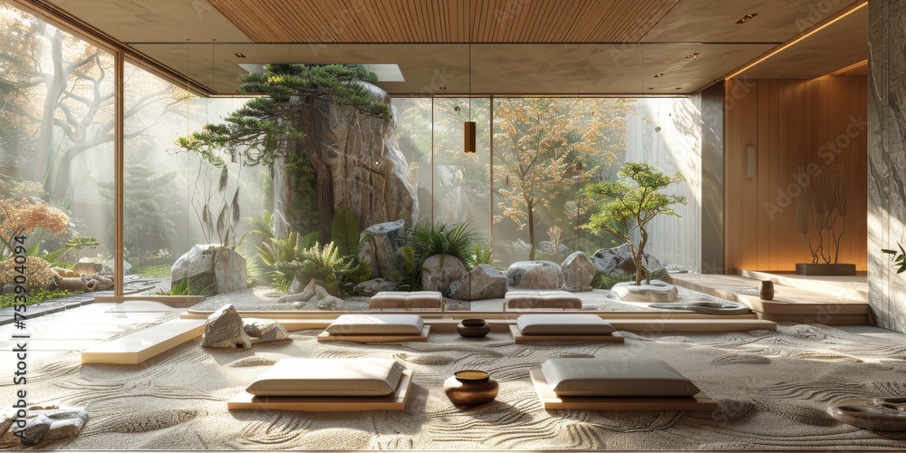 Fototapeta premium View from interior with zen inspired style inside on japanese garden house.
