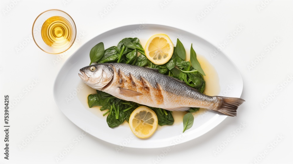 Photo of BRANZINO with LEMON, WHITE WINE, and SPINACH on a white round plate against a white background, top view Photo of BRANZINO with LEMON, WHITE WINE, and SPINACH on a white round plate against a white background, top view