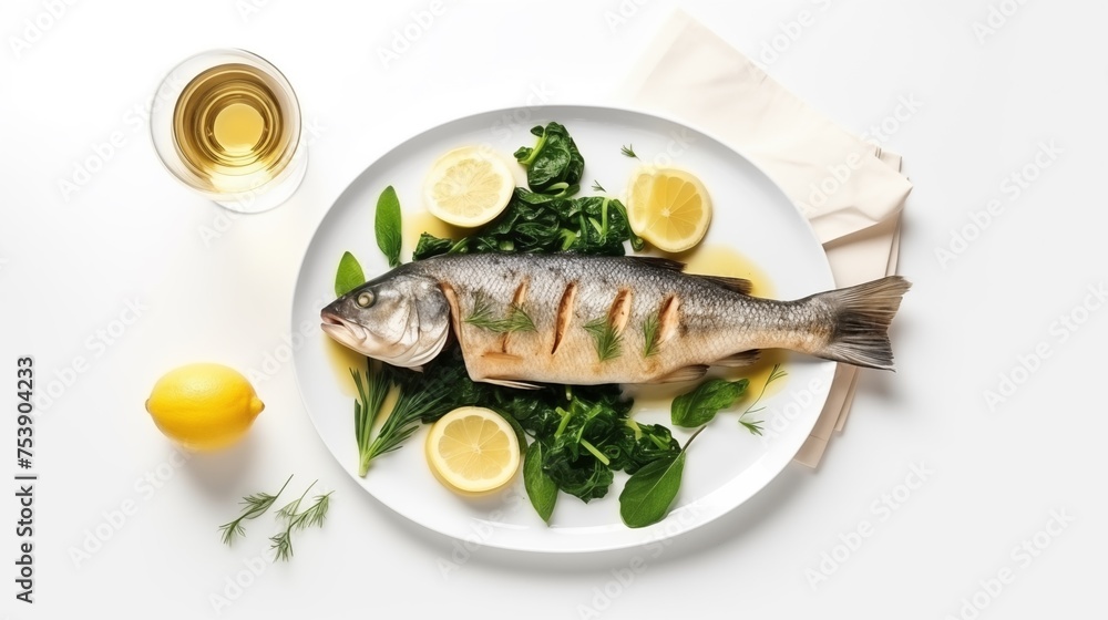 Picture featuring BRANZINO accompanied by LEMON, WHITE WINE, and SPINACH on a white round plate against a white background, top view Picture featuring BRANZINO accompanied by LEMON, WHITE WINE, and SPINACH on a white round plate against a white background, top view