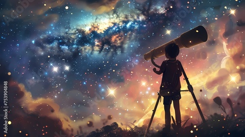 The character peers into a telescope, discovering a distant galaxy filled with shimmering stars.