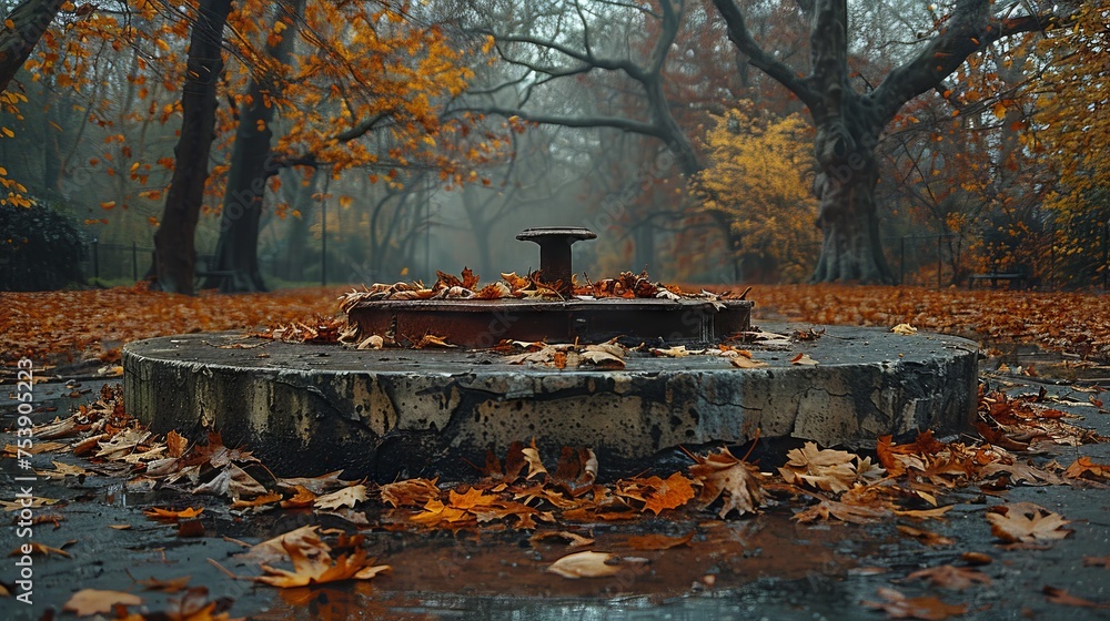 An old abandoned fountain in the middle of the street in the fall. An old abandoned fountain in the middle of the street in the fall.