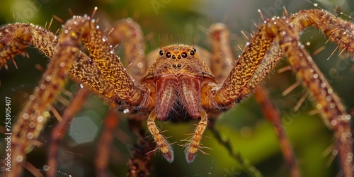 A spider with a brown body and black eyes