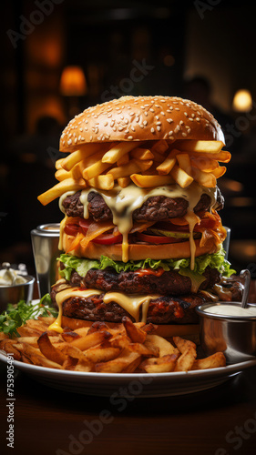 Massive double burger with a fries stack and sauce selection in a cozy setting