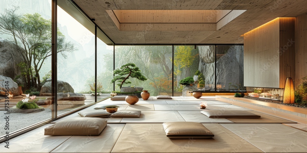 Fototapeta premium View from interior with zen inspired style inside on japanese garden house.