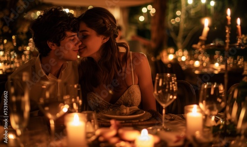 Passionate kiss exchanged between a romantic young couple amidst the elegance of a candlelit dinner © AlfaSmart