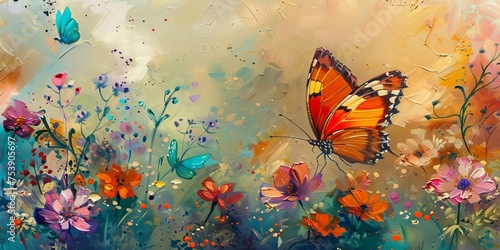 Fototapeta Naklejka Na Ścianę i Meble -  A painting of a butterfly in a field of flowers