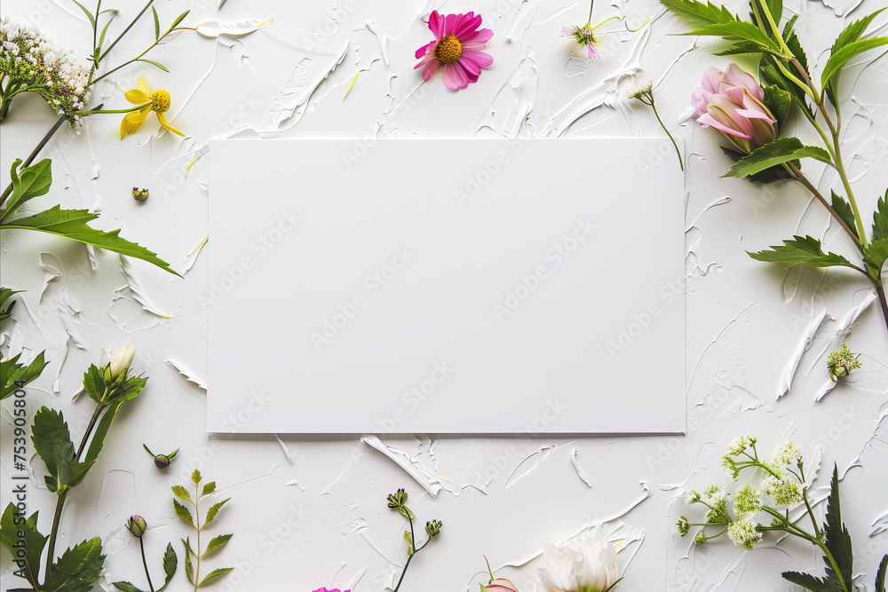 A pure white rectangle and flower stem are placed on a white background. Abstract message board concept with mockup. - obrazy, fototapety, plakaty 