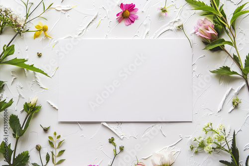 A pure white rectangle and flower stem are placed on a white background. Abstract message board concept with mockup.