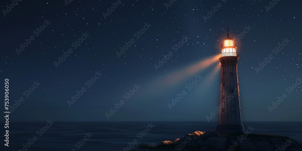 A lighthouse is lit up in the night sky