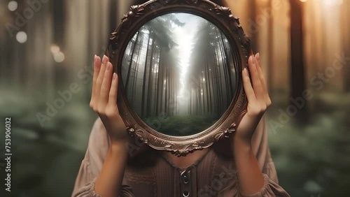 woman holding a mirror and the forest behind her