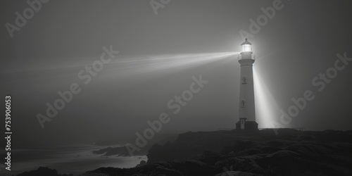 A lighthouse is lit up in the fog