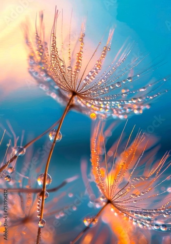 A dandelion seed with water droplets on it, reflecting the sky, captured from an ultrawide angle. The background is a gradient of blue and orange, creating a serene atmosphere. 