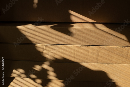 Stacked cardboard booxes with natural golden sunlight photo