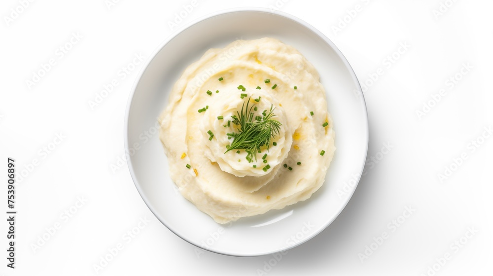 Picture showcasing SIDES with WHIPPED POTATO PUREE served on a white round plate against a white background, top view Picture showcasing SIDES with WHIPPED POTATO PUREE served on a white round plate against a white background, top view
