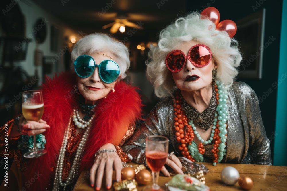 two senior women at a party in trendy outfits in colorful sunglasses, drinking champagne, having fun