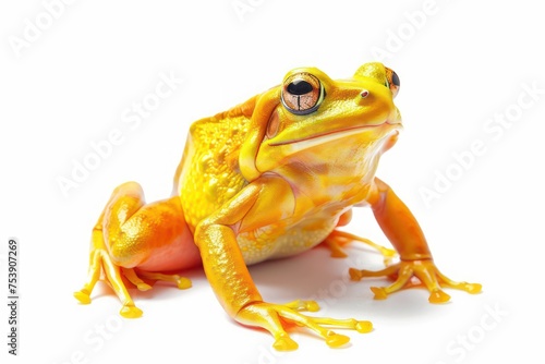 orange and yellow frog is sitting down on a white background