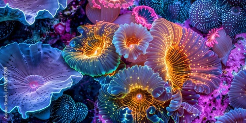 A colorful display of sea creatures, including a variety of coral