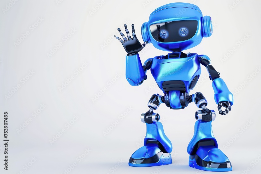 blue robot is waving his green hands blue robot is waving his green hands