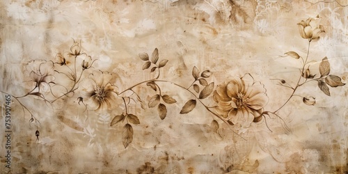 A painting of a flowery vine with a brown background