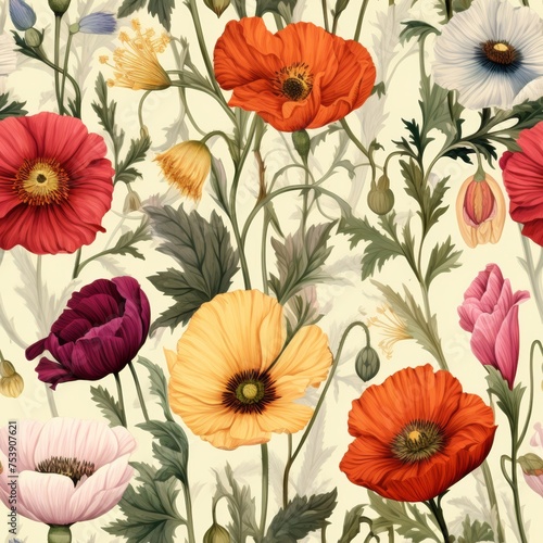 vintage botanical art illustration with poppy flowers and plants