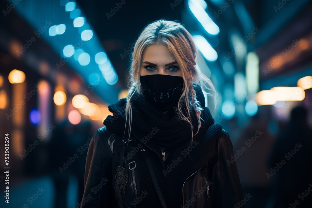 caucasian blond woman in black face mask and cyberpunk style clothes in night city caucasian blond woman in black face mask and cyberpunk style clothes in night city