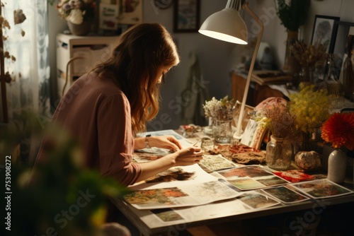 woman doing scrapbooking hobby at cozy apartment. Paper craft hobbies.