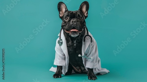 french bulldog dog wearing a doctor's coat and stethoscope, concept image veterinarian