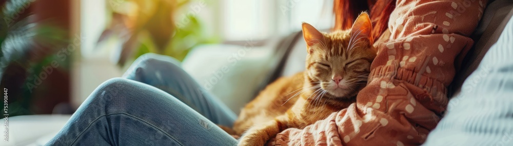 A cozy ginger cat sleeping peacefully on a sofa by the window