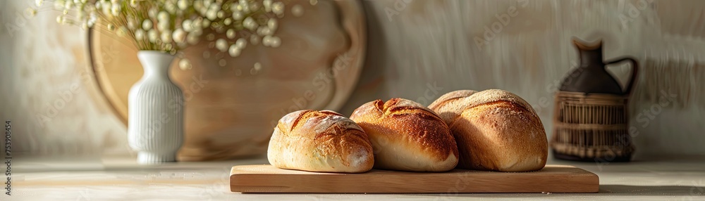 Freshly baked bread loaves on a wooden board with a vase in the background