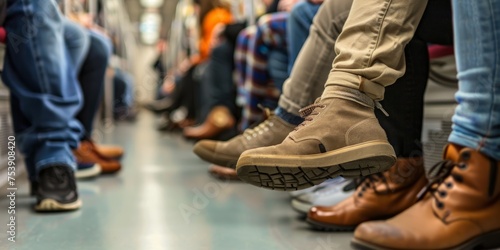 People sitting on the subway legs and feet visible Generative AI