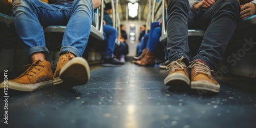 people sitting on the subway, legs and feet in focus Generative AI