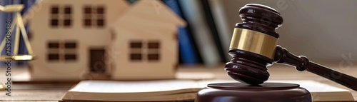 Gavel on a desk with house models, concept for real estate law