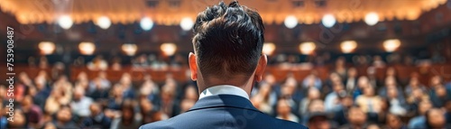 Speaker facing an audience in a conference hall, perspective from behind photo
