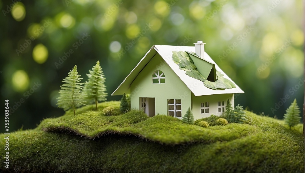 Eco friendly house. Paper home on moss in garden. Small house in the forest Eco friendly house. Paper home on moss in garden. Small house in the forest
