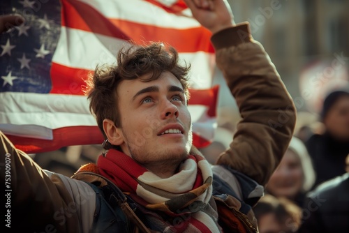 A man joyfully holds an American flag high in a crowd, symbolizing patriotism and pride.