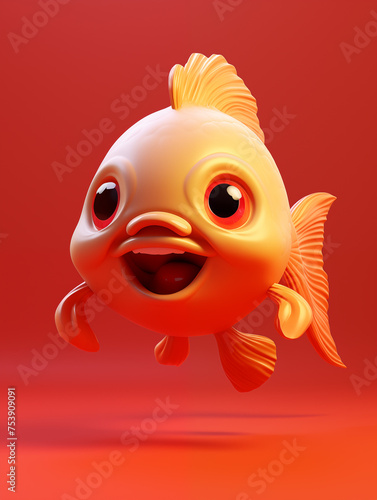 Charming Cartoon Goldfish with Big Eyes on Vibrant Red Background 