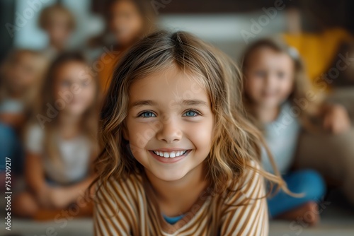 A joyful group of children sitting together on the floor.