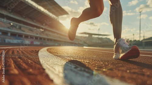 Athlete Running On Racetrack At Stadium. Close Up Of Athlete Legs photo