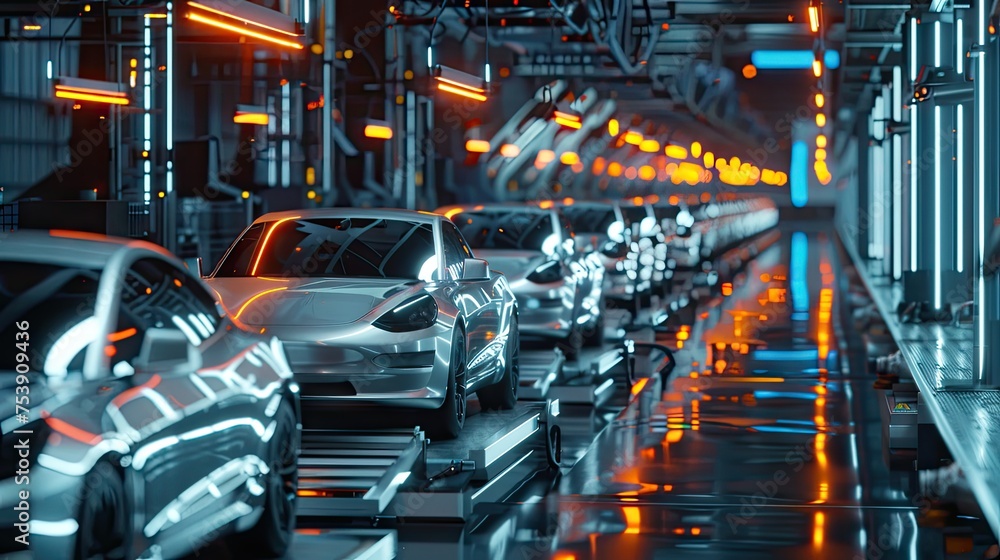 Obraz premium Automated Robotics Futuristic Electric Cars Factory Production Line As Wide Banners With Statistics Of Production And Efficiency As Wide Banner With Copy Space Area -