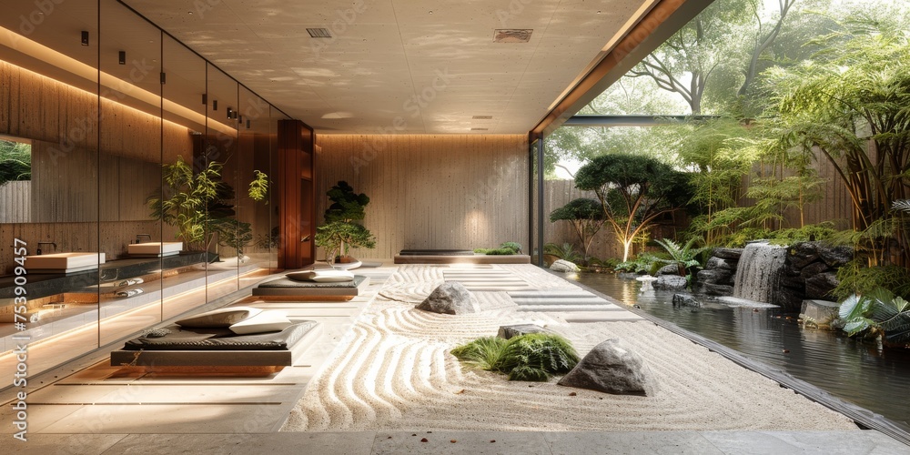 Fototapeta premium View from interior with zen inspired style inside on japanese garden house.