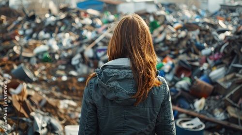 Back View Of Woman Looking A Mountain Of Garbage In A Junkyard Dump photo