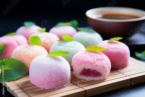 Fresh mochi with mint leaves on a bamboo mat, a cup of tea in the backdrop, symbolizes Japanese confectionery and teatime tradition.