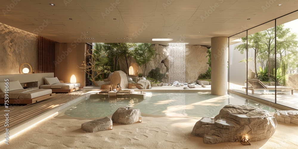 Fototapeta premium View from interior with zen inspired style inside on japanese garden house.