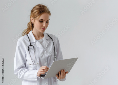 Young female doctor working at a laptop on a gray isolated background. international health, medicine. Free space for writing text