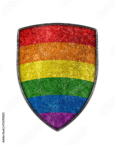 Colorful rainbow metal shield isolated on white background