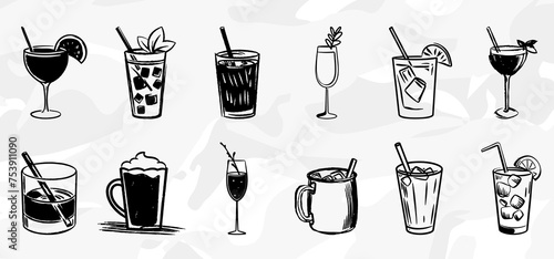Alkoholische Getränke/Cocktails: Pinselstrich Zeichnungen Vektor Grafik Bundle