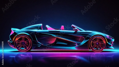 Neon-glowing sport car silhouette in a sleek side view. Abstract modern styling in this dynamic vector illustration.